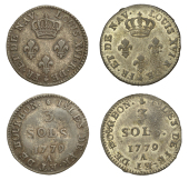 Mauritius, Île de France et Bourbon, Louis XVI, 3 Sols (2), both 1779a, Paris mint (Lec. 6; KM. 1) [2]. Both toned,...
