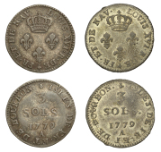 Mauritius, Île de France et Bourbon, Louis XVI, 3 Sols (2), both 1779a, Paris mint (Lec. 6; KM. 1) [2]. Both toned,...