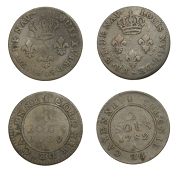 Mauritius, Île de France et Bourbon, Louis XVI, 2 Sous (2), 1782a, 1789a, Paris mint (Lec. 13, 20; KM. 1). Both...