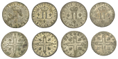 France, Louis XIV, 30 Deniers (4), 1710d, 1711d, 1712d, 1713d, Mousquetaire type, Lyon (Lec. 6, 8, 10 ,12) [4]. All...