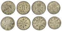 France, Louis XIV, 30 Deniers (4), 1710d, 1711d, 1712d, 1713d, Mousquetaire type, Lyon (Lec. 6, 8, 10 ,12) [4]. All...