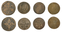 France, Louis XIV, Liard de France (3), Rouen and La Rochelle mints (KM 284.3); Dardenne, 1711, Aix-en-Provence (KM...