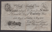 Fleet Bank in England, 20 Pence, 1 May 1811, serial number 64781, signature of signature of Jas’ Brown, backed on...
