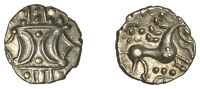 British Iron Age, ICENI, Ecen, silver Unit, Corn Ear type, opposing crescents separated by two pellets, on vertical...