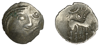 British Iron Age, ICENI, Uninscribed issues, silver Unit, Punk Head type, male head right with herringbone hair,...