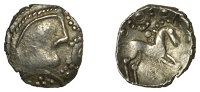 British Iron Age, ICENI, Uninscribed issues, silver Units, Early Face/Horse type, head right with circle of pellets...
