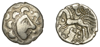 British Iron Age, DOBUNNI, silver Unit, Cotswold Cock [head type A], moon head right, pelleted crescents for hair,...