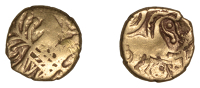 British Iron Age, ICENI, Uninscribed issues, Quarter-Stater, Irstead type, latticed box, wreaths at sides, rev....