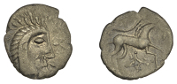 British Iron Age, ICENI, Uninscribed issues, silver Unit, Face/Horse type, stylised head right, wreath behind,...