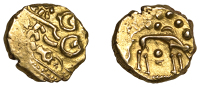 British Iron Age, ICENI, Uninscribed issues, gold Stater, British Ja [Norfolk Wolf type], degraded head of Apollo...