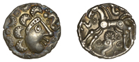 British Iron Age, DOBUNNI, silver Unit, Cotswold Cock [head type A], Moon right right with crescent hair, pellet...