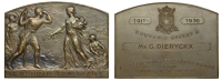 BELGIAN CONGO, La Mutuelle Congolaise, 1922, 25 Years of Service, a bronze award plaque by J. Baetes, robed female...