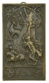 BELGIUM, Saint Hubert avec des chiens et des cerfs [St Hubert with Dogs and Deer], c. 1925, a uniface cast bronze...