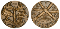 FRANCE, Union Française, 1946 [struck 1950], a bronze medal by B. Bernstein, six reclining females on branches of a...