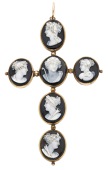 A hardstone cameo cross pendant, circa 1860, the six hardstone cameos carved to depict classical figures, possibly...
