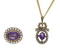 Two late 19th century amethyst and seed pearl jewels, the brooch set with an oval-cut amethyst within a surround of...
