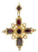 A garnet and seed pearl cross pendant, circa 1830, the oval-cut garnets spaced by seed pearls, with cannetille...