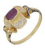 A rare Elizabethan ruby and enamel ring, circa 1560-1580, the rectangular table-cut ruby collet set within a raised...
