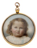 An antique double-sided portrait miniature pendant, the glazed portraits each depicting an infant child in early...