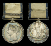 The Naval General Service medal awarded to Edward Morgan for his services as an Able Seaman on board the Ajax at the...