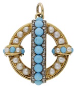 A mid 19th century turquoise, pearl and diamond jewel, of annular form and set throughout with half pearls and...