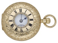 Sir John Bennett Ltd, London. A gold half hunting cased keyless watch, circa 1900.
Movement: gilded three quarter...