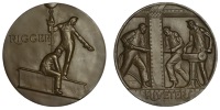 U.S.A., Riggers and Riveters, 1943, a bronze medal by M.M. Young for Medallic Art Co on behalf of the Society of...