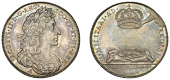 James II, Coronation, 1685, a silver medal by J. Roettiers, laureate bust right, rev. crown held over wreath on...