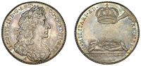 James II, Coronation, 1685, a silver medal by J. Roettiers, laureate bust right, rev. crown held over wreath on...