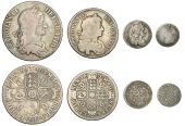 Charles II, Crown, 1663, first bust, edge xv, Halfcrown, 1671, third bust variety, edge vicesimo tertio, Fourpence,...