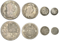Charles II, Crown, 1663, first bust, edge xv, Halfcrown, 1671, third bust variety, edge vicesimo tertio, Fourpence,...