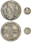 James II, Crown, 1688, second bust, edge qvarto, Twopence, 1686 (S 3407, 3416) [2]. Varied state	 £80-£100