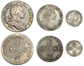 William III, Crown, 1696, first bust, edge octavo, Halfcrown, 1697, edge nono, Sixpence, 1697, first bust (S 3470,...