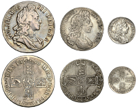 William III, Crown, 1696, first bust, edge octavo, Halfcrown, 1697, edge nono, Sixpence, 1697, first bust (S 3470,...