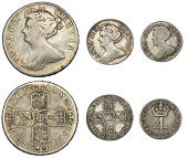 Anne, Halfcrown, 1709, edge octavo, Sixpence, 1711, large lis, Fourpence, 1710, 4 with serifs (S 3595B, 3604, 3619)...