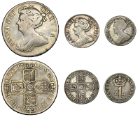Anne, Halfcrown, 1709, edge octavo, Sixpence, 1711, large lis, Fourpence, 1710, 4 with serifs (S 3595B, 3604, 3619)...