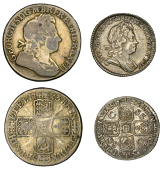 George I, Sixpence, 1723, ss c, small obv. letters (S 3652); together with a base metal forgery of a Guinea, 1723...