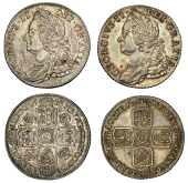 George II, Shillings (2), 1743, roses, 1758 (S 3702, 3704) [2]. Good very fine, second toned	 £120-£150