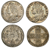 George II, Shillings (2), 1743, roses, 1758 (S 3702, 3704) [2]. Good very fine, second toned	 £120-£150