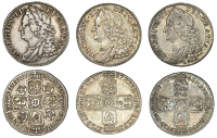 George II, Sixpences (3), 1743 roses, 1746 lima, 1757 (S 3709, 3710A, 3711) [3]. Last good very fine and toned,...