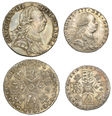 George III, Shilling, 1787, no hearts, Sixpence, 1787, hearts (S 3743, 3749) [2]. First very fine, second extremely...