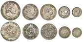 George III, Crown, 1820, edge lx, Halfcrowns (2), 1816, 1817 type II, Shilling, 1817, Sixpence, 1816 (S 3787-91)...
