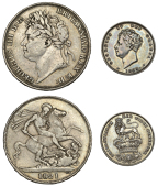 George IV, Crown, 1821, edge secundo, Shilling, 1825, type 3, Arabic 1 (S 3805, 3812) [2]. First about fine, second...