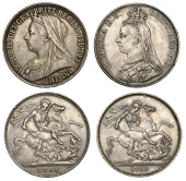 Victoria, Crowns (2), 1888 narrow date, 1896 edge lix (S 3921, 3937) [2]. First good very fine but with obverse rim...