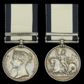 The Naval General Service medal awarded to Francis Prior for his services as Master of the Aeolus at Strachan’s...