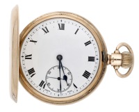 Swiss. A gold hunting cased keyless watch, 1926.
Movement: lever escapement.
Dial: white enamel, Roman numerals,...