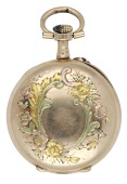 LeCoultre & Cie. A small gold keyless watch, circa 1900.
Movement: cylinder escapement 
Dial: white enamel, Arabic...