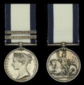 The 2-clasp Naval General Service medal awarded to Thomas E. Davis for his services as Captain of the Maintop in the...