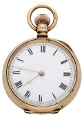 Waltham. A small gold open-faced watch, 1908.
Movement: lever escapement, 17 jewels, no. 15296087.
Dial: white...