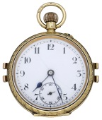 Swiss. A small gold open-faced keyless watch, circa 1913.
Movement: three-quarter plate, lever escapement.
Dial:...